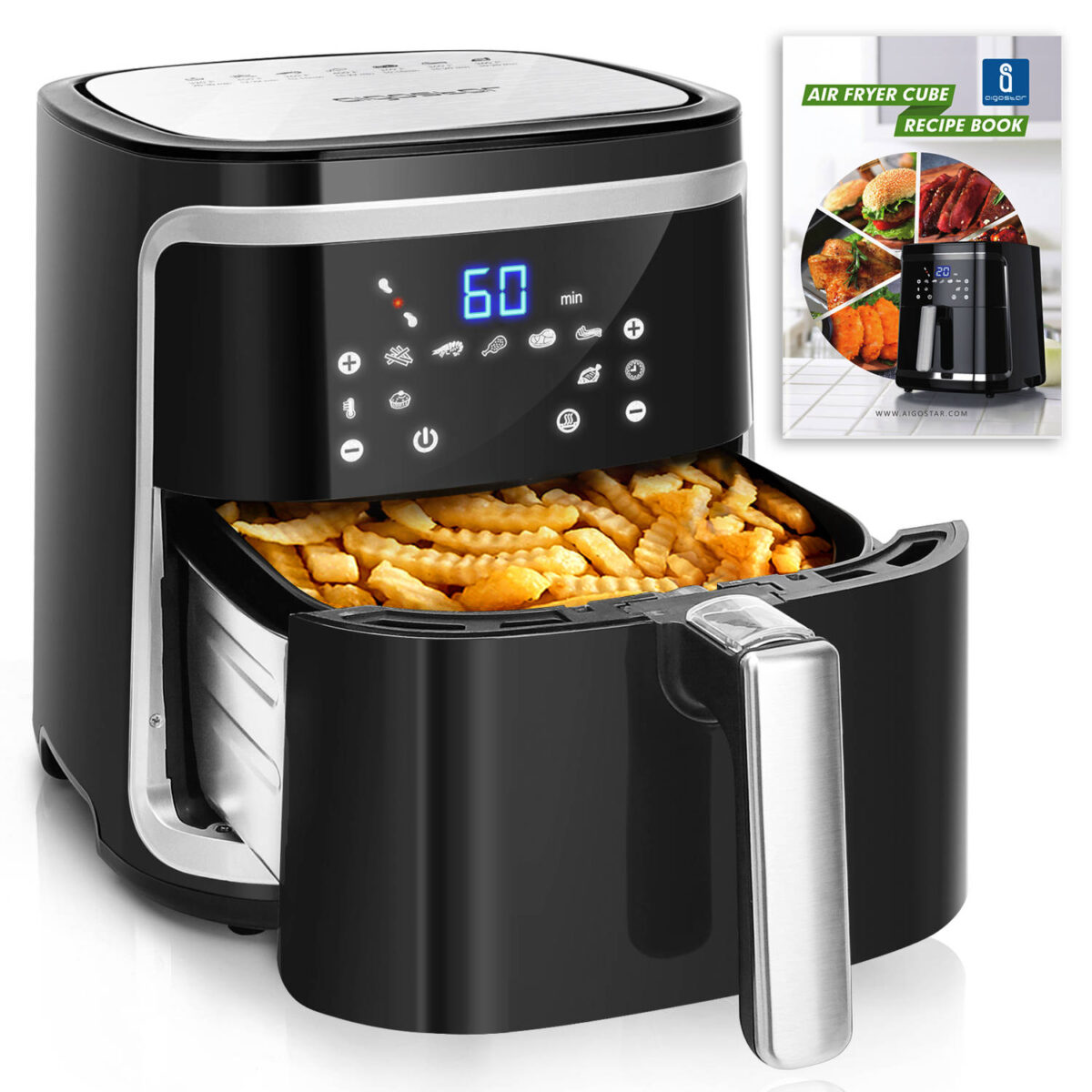 Aigostar Cube 30IBT - XXL Digitaal Airfryer - 7L Hetelucht Friteuse - Kookboek - 1600g friet - 7 programma's - 1900W