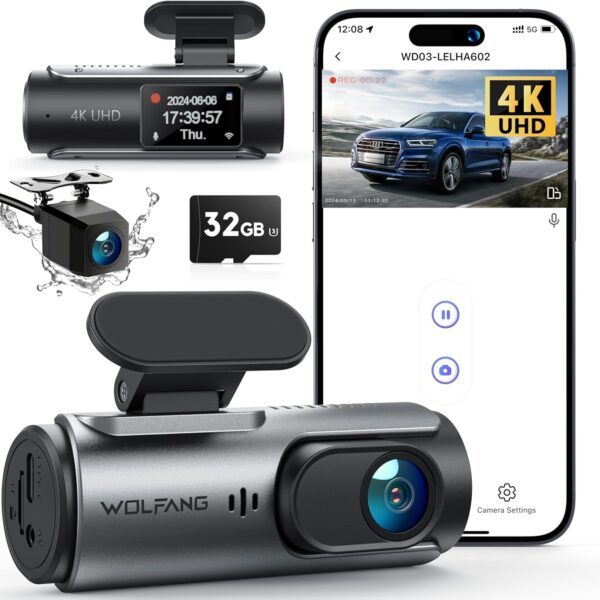 WOLFANG Dash Cam Front en Rear 4K, Dashcam Super Night Vision