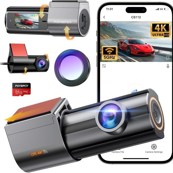 Dashcam Auto met CPL, 4K+1080P 5G WiFi Dashcam Voor en Achter, 360° Draaibaar Auto Camera